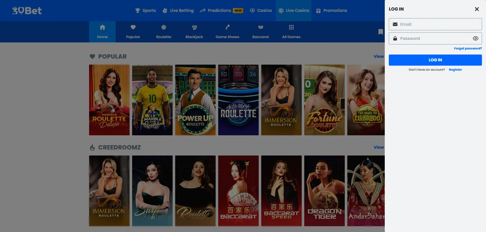 Tela de login do 30bet Casino — acesso rápido e seguro à conta